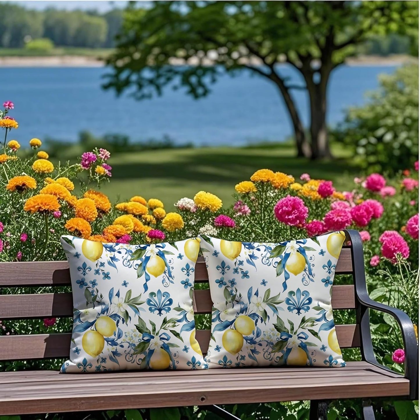 mellicoma Waterproof Outdoor Pillow Covers 18x18 Pack of 2 Blue White Lemon Throw Outdoor Pillows for Garden Funiture Patio Home