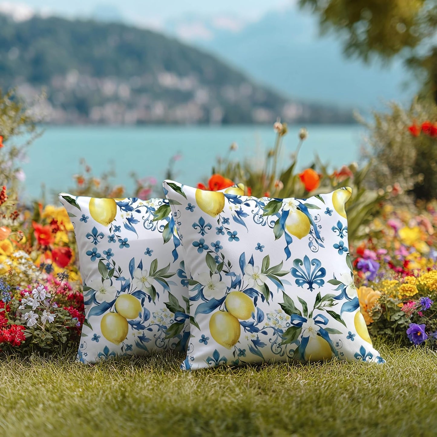 mellicoma Waterproof Outdoor Pillow Covers 18x18 Pack of 2 Blue White Lemon Throw Outdoor Pillows for Garden Funiture Patio Home