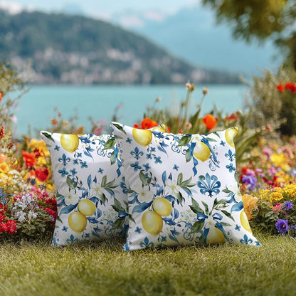 mellicoma Waterproof Outdoor Pillow Covers 18x18 Pack of 2 Blue White Lemon Throw Outdoor Pillows for Garden Funiture Patio Home