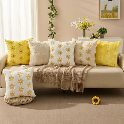 DFXSZ Spring Summer Pillow Covers 20x20 inch Set of 2 Farmhouse Decor Yellow Embroidery Daisy White Soft Plush Faux Fur Jacquard Throw Pillows for Sofa Holiday Spring Home Decor PTK081A20