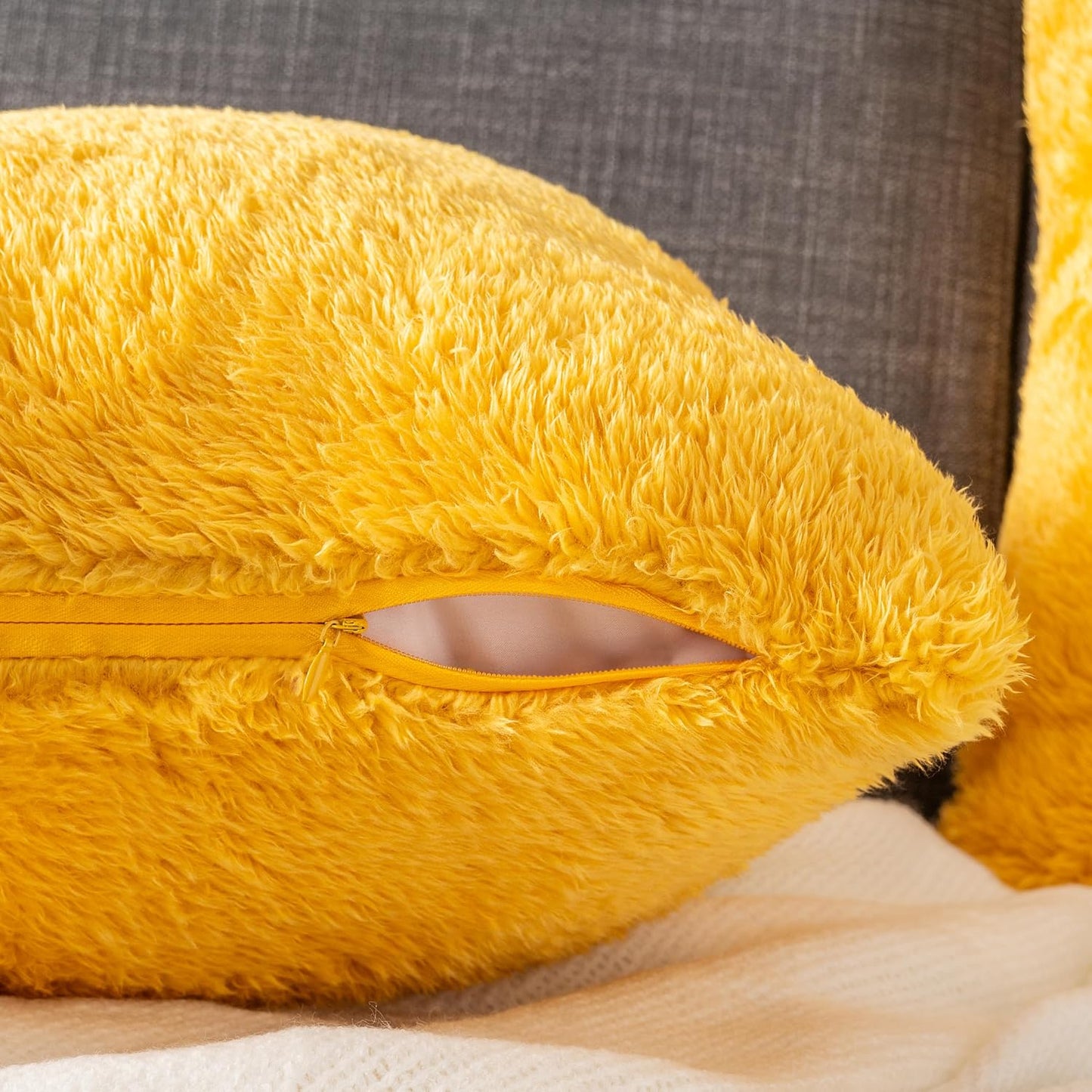 PAVILIA Fluffy Mustard Yellow Throw Pillow Covers, Decorative Accent Pillow Cases for Bed Sofa Couch, Soft Faux Fur Cushion Cover, Square Sherpa Pillowcases, Home Room Decor, Yellow, 18x18 Set of 2
