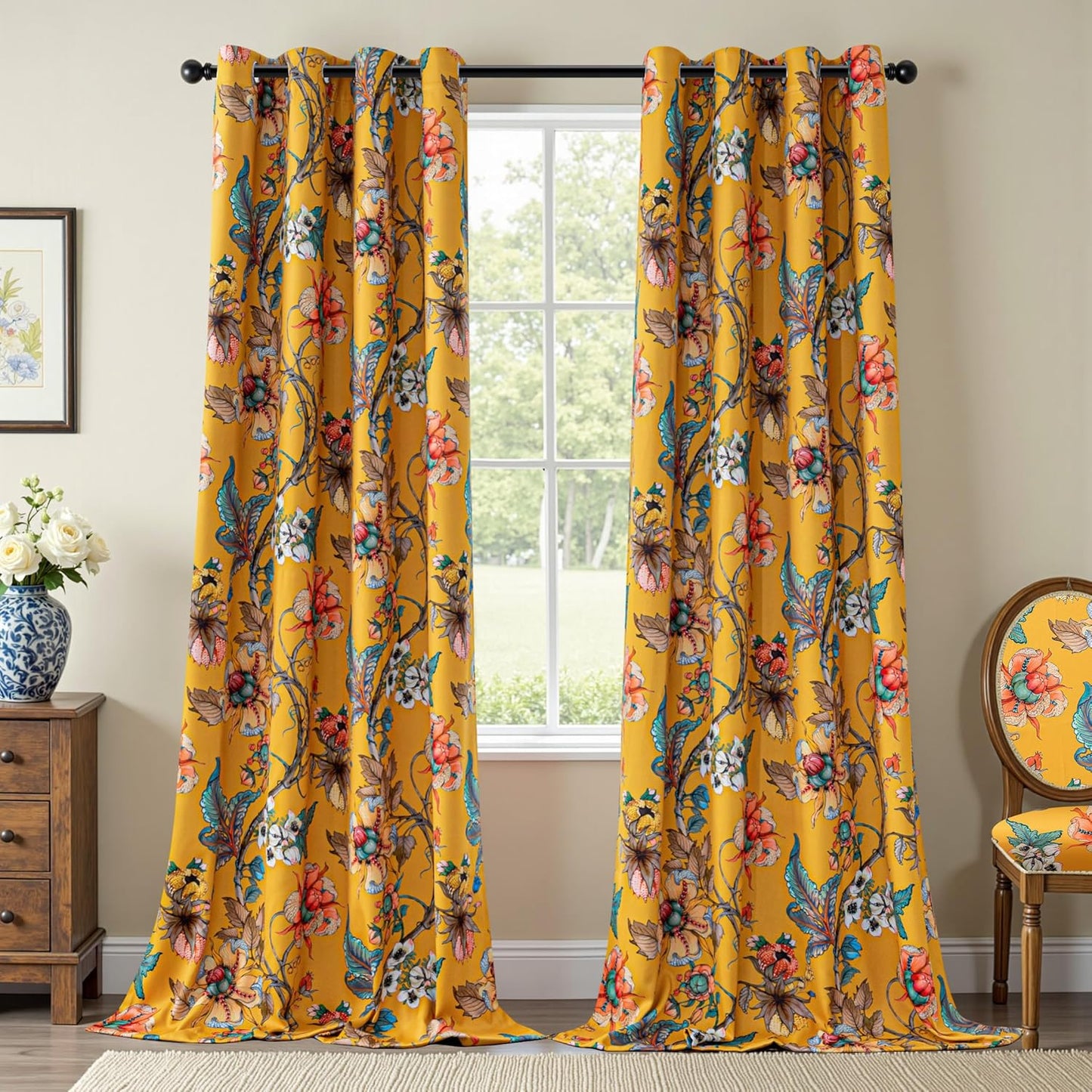 MYSKY HOME Yellow Floral 95% Blackout Curtains 84 Inches Long for Living Room Bedroom Thermal Insulated Light Blocking Noise Reducing Flower Printed Vintage Window Treatments Grommet, 2 Pcs, 52" Wide