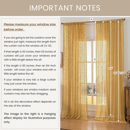 WAZZIO Boho Lace Curtains 84 Inches 2 Panel,Light Filtering Privacy Tassel & Geometry Crochet Semi Sheer Curtain Drapes for Bedroom Living Dining Room,Rod Pocket & Tassel,Mustard Yellow