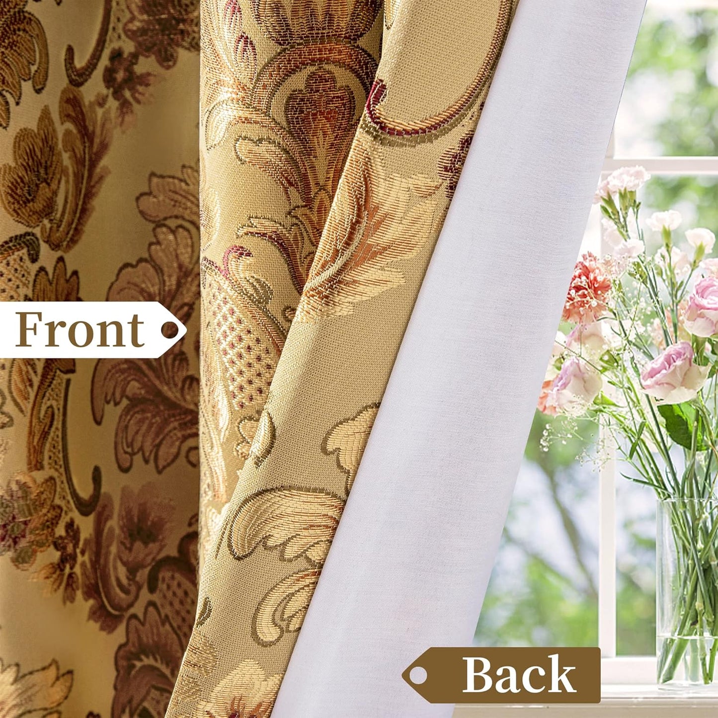 Loom and Mill Luxury Damask Curtains for Living Room, Golden Floral Thick Jacquard Window Treatment with Tiebacks for Bedroom Christmas Party Banquet Decorations (2 Panels, 52 x 108 Inch, Yellow)