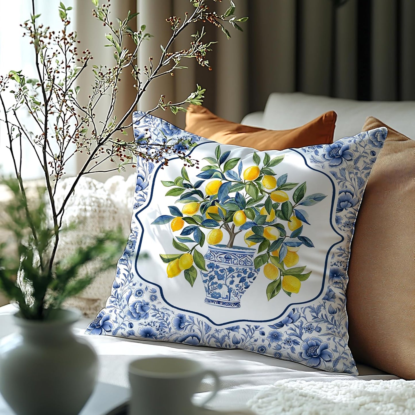 Chinoiserie Lemon Floral Pillow Cover 18x18 Double-Sided,Summer Blue and White Decorative Throw Pillow Cover for Couch Bed Bedroom Living Room
