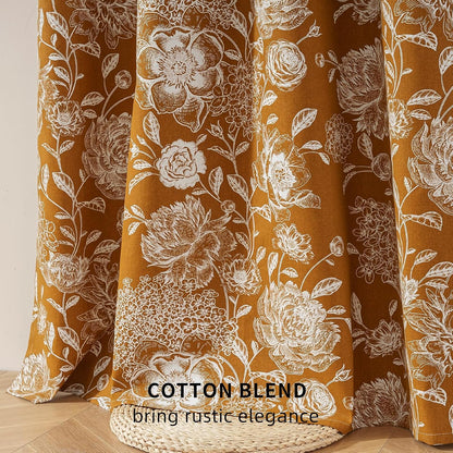 Floral Blackout Curtains 63 Inch Length 2 Panels, Vintage Peony Pattern Curtains for Bedroom Living Room, Light Blocking Thermal Curtains, Grommet Top, Mustard Yellow, 52 x 63