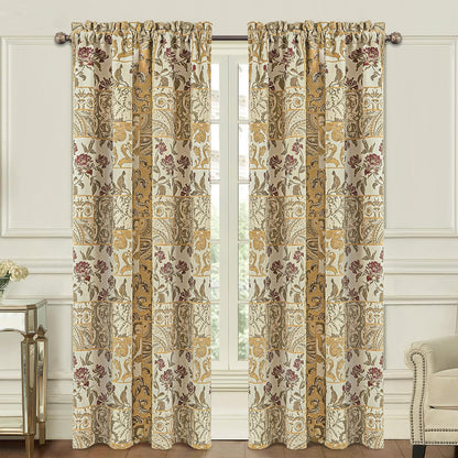 Loom and Mill Damask Patchwork Curtains for Bedroom, Beige Yellow Lined Jacquard Curtains 2 Panels with Tiebacks, Window Curtain for Living Room Banquet Halloween Decor, Rod Pocket(52”x 84”, 2 Panels)