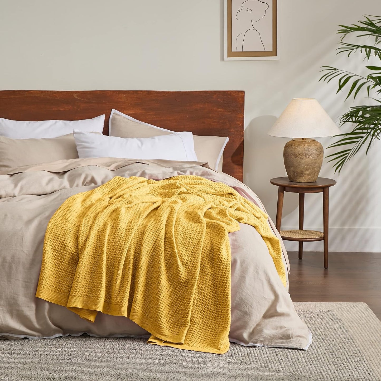 Bedsure 100% Cotton Blanket King Size for Bed - Breathable and Soft for Summer, Thick Cozy Waffle Weave Blanket Gifts for Women, Mustard Yellow, 104x90 inches