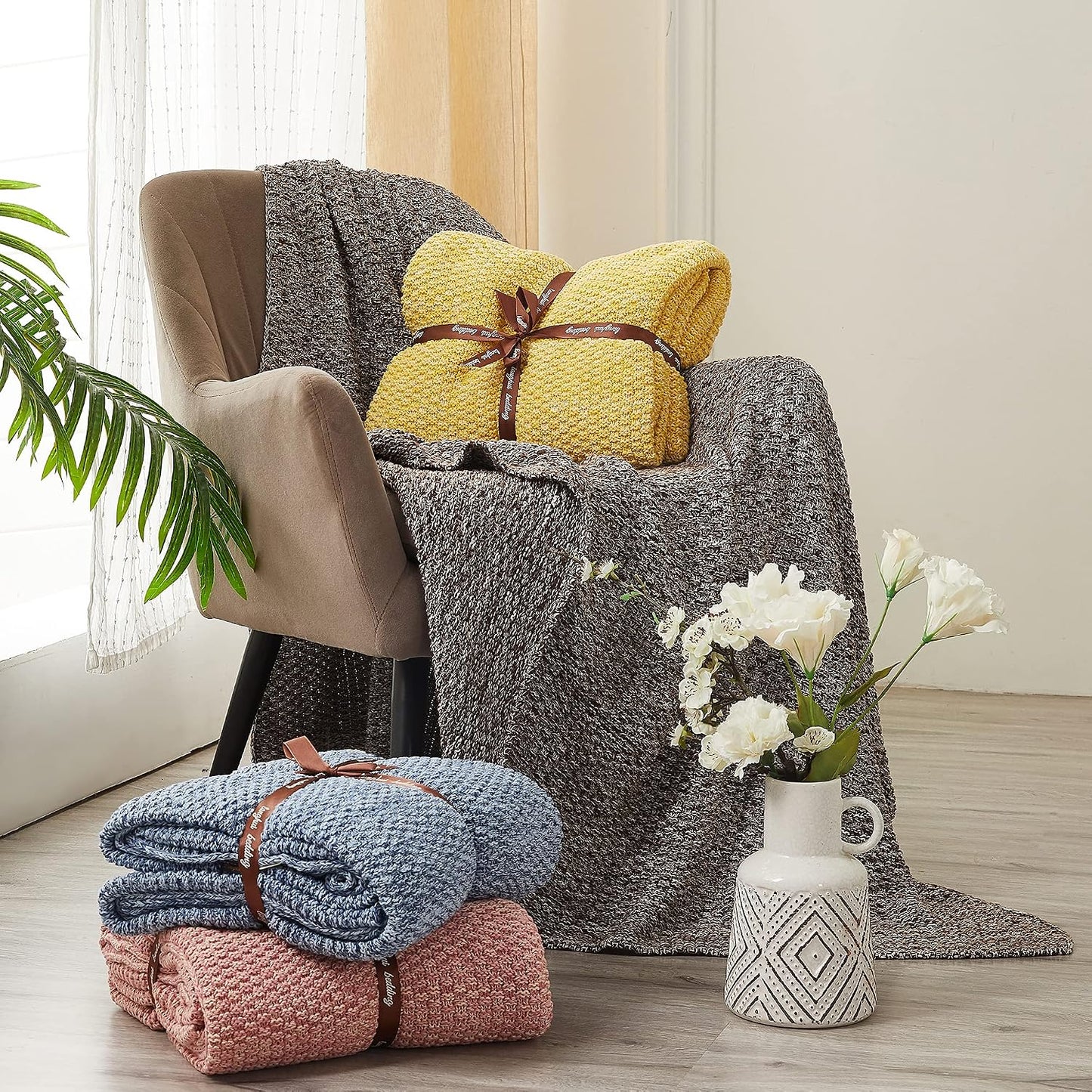 Longhui bedding 100% Cotton Knitted Throw Blanket – Yellow, Soft & Cozy, Machine Washable, 51"x63" – Perfect for Living Room, Couch, Sofa, Bed or Travel