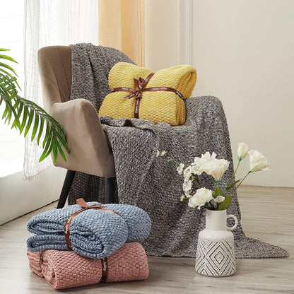 Longhui bedding 100% Cotton Knitted Throw Blanket – Yellow, Soft & Cozy, Machine Washable, 51"x63" – Perfect for Living Room, Couch, Sofa, Bed or Travel