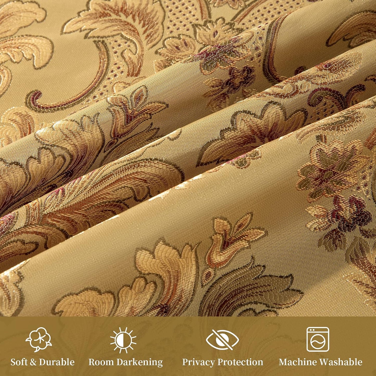 Loom and Mill Luxury Damask Curtains for Living Room, Golden Floral Thick Jacquard Window Treatment with Tiebacks for Bedroom Christmas Party Banquet Decorations (2 Panels, 52 x 108 Inch, Yellow)