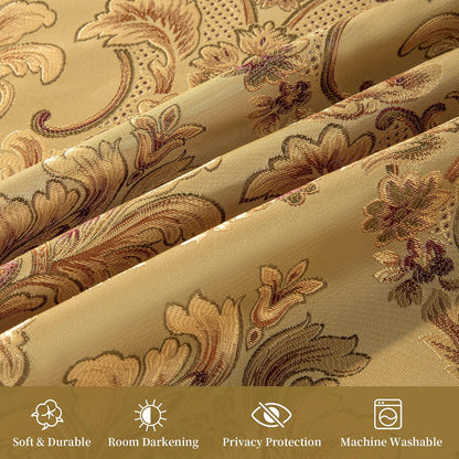 Loom and Mill Luxury Damask Curtains for Living Room, Golden Floral Thick Jacquard Window Treatment with Tiebacks for Bedroom Christmas Party Banquet Decorations (2 Panels, 52 x 108 Inch, Yellow)