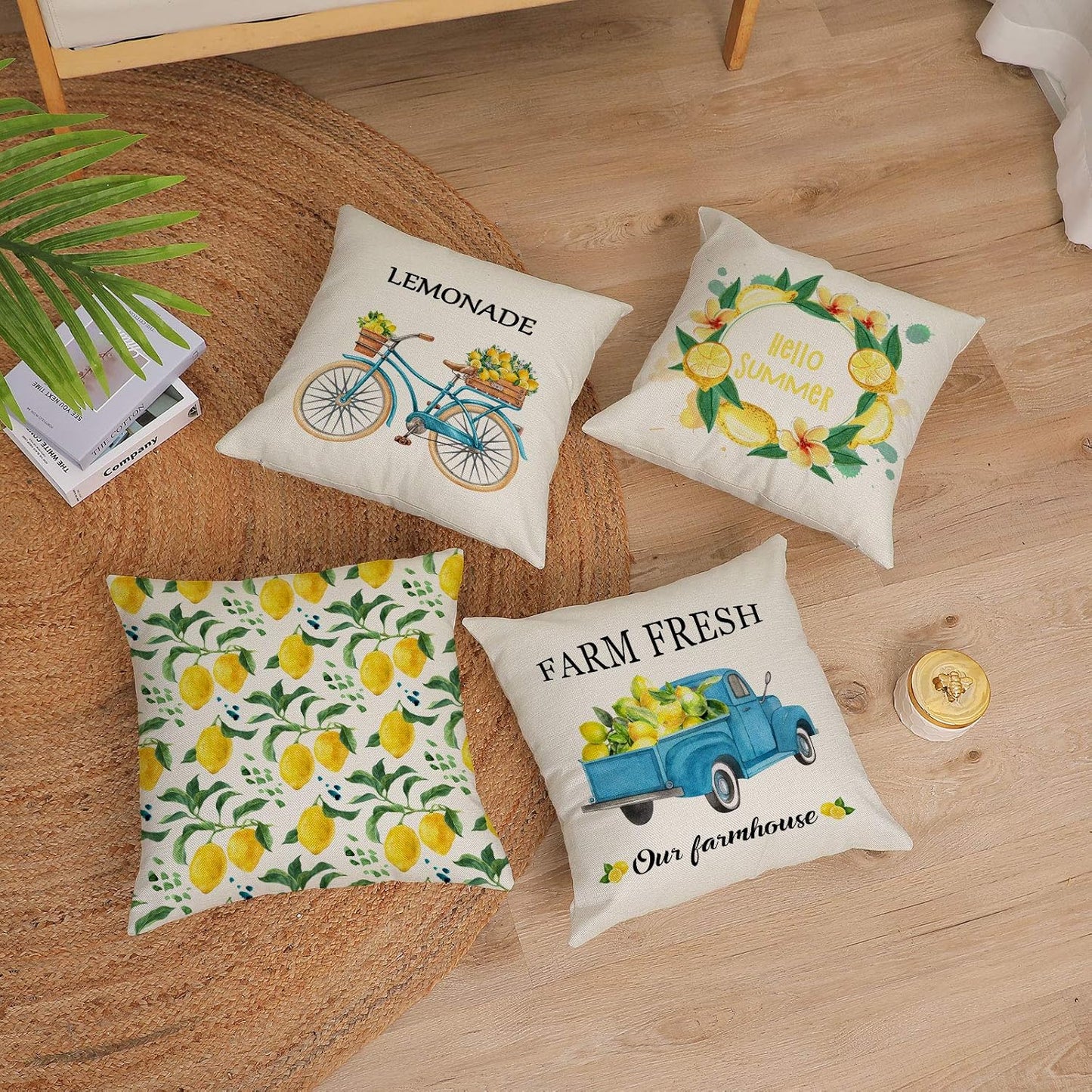 YeeJu Set of 4 Summer Throw Pillow Covers 18x18 Inch Summer Decorative Lemon Truck Biycle Farmhouse Pillowcase Square Cotton Linen Cushion Covers for Summer Home Décor (18 by 18)