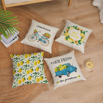 YeeJu Set of 4 Summer Throw Pillow Covers 18x18 Inch Summer Decorative Lemon Truck Biycle Farmhouse Pillowcase Square Cotton Linen Cushion Covers for Summer Home Décor (18 by 18)