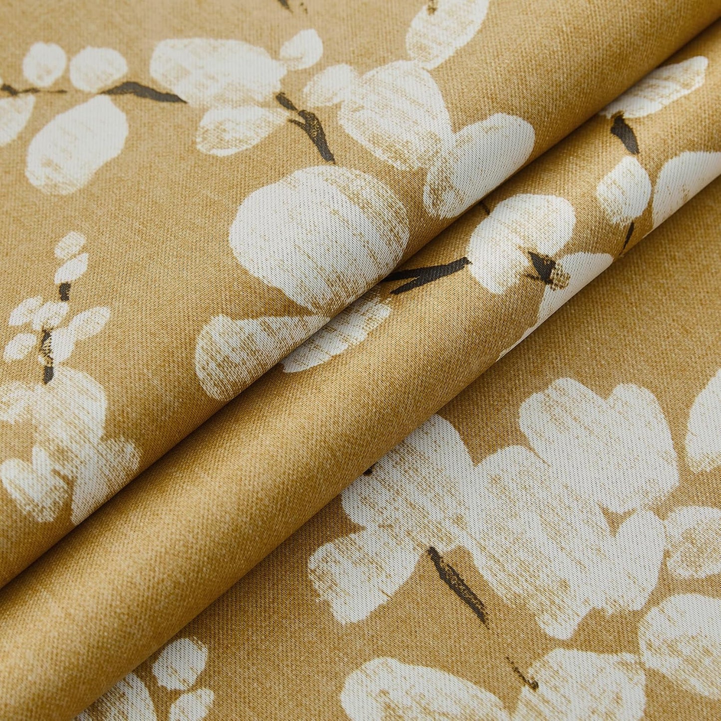 FMFUNCTEX 100% Blackout Floral Curtains for Bedroom, Mustard Yellow Curtain 84 inches Long Blossom Patterned for Living Room, Thermal Insulated Farmhouse Drapes, Grommet Top 2 Panels (White on Yellow)