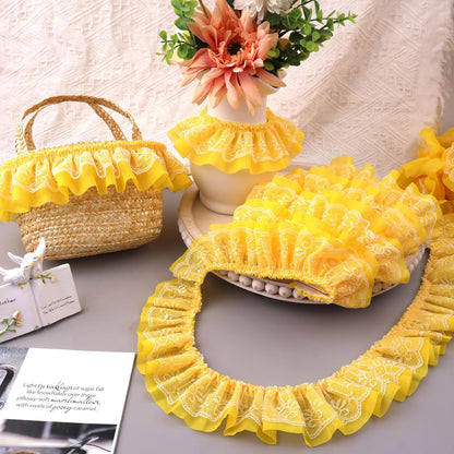 GXTIZAS Yellow Lace Ruffle Ribbon, Double Layer Pleated Chiffon Lace Trim, 6cm Wide Elastic Decorative Lace Edge for Sewing, Clothing, Pillowcase & DIY Craft Decoration (Perfect for 10-15 Projects)