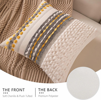 Boho Chenille Tufted Couch Throw Pillow Covers 18x18 Inch Set of 2 Farmhouse Striped Decorative Pillow Covers Accent Neutral Pillowcase Grey Yellow Cushion Cover for Living Room Sofa Bed