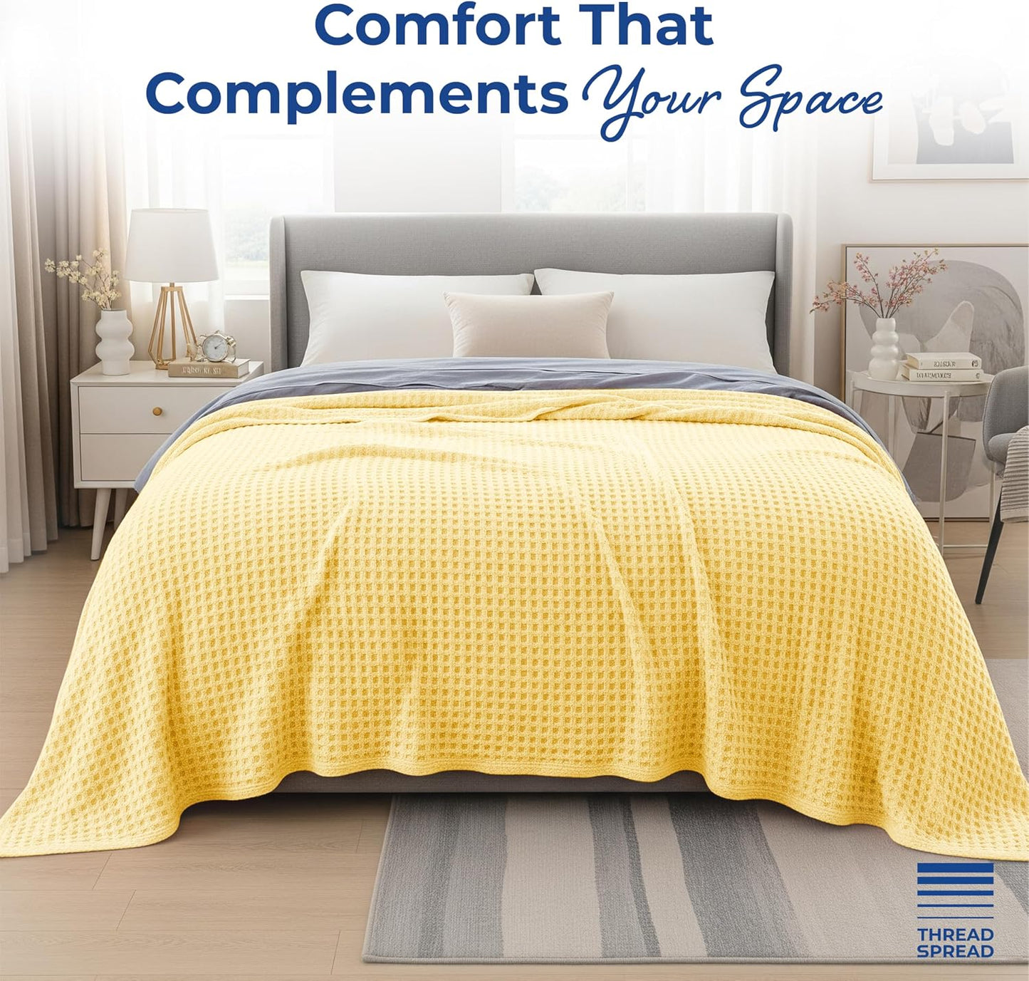 THREAD SPREAD 100% Cotton Waffle Blanket King Size - Soft Lightweight Breathable Waffle Weave King Size Blanket for All Season, Textured Throw Blankets for Bed, Sofa, Hotel, Hospital - Yellow