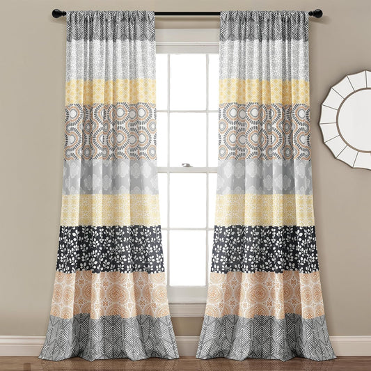 Lush Decor Bohemian Stripe Window Curtain Panels, Pair 52" W x 84" L Yellow & Gray - Light Filtering Curtains for Bedroom - Boho Curtains - Maximalist Decor