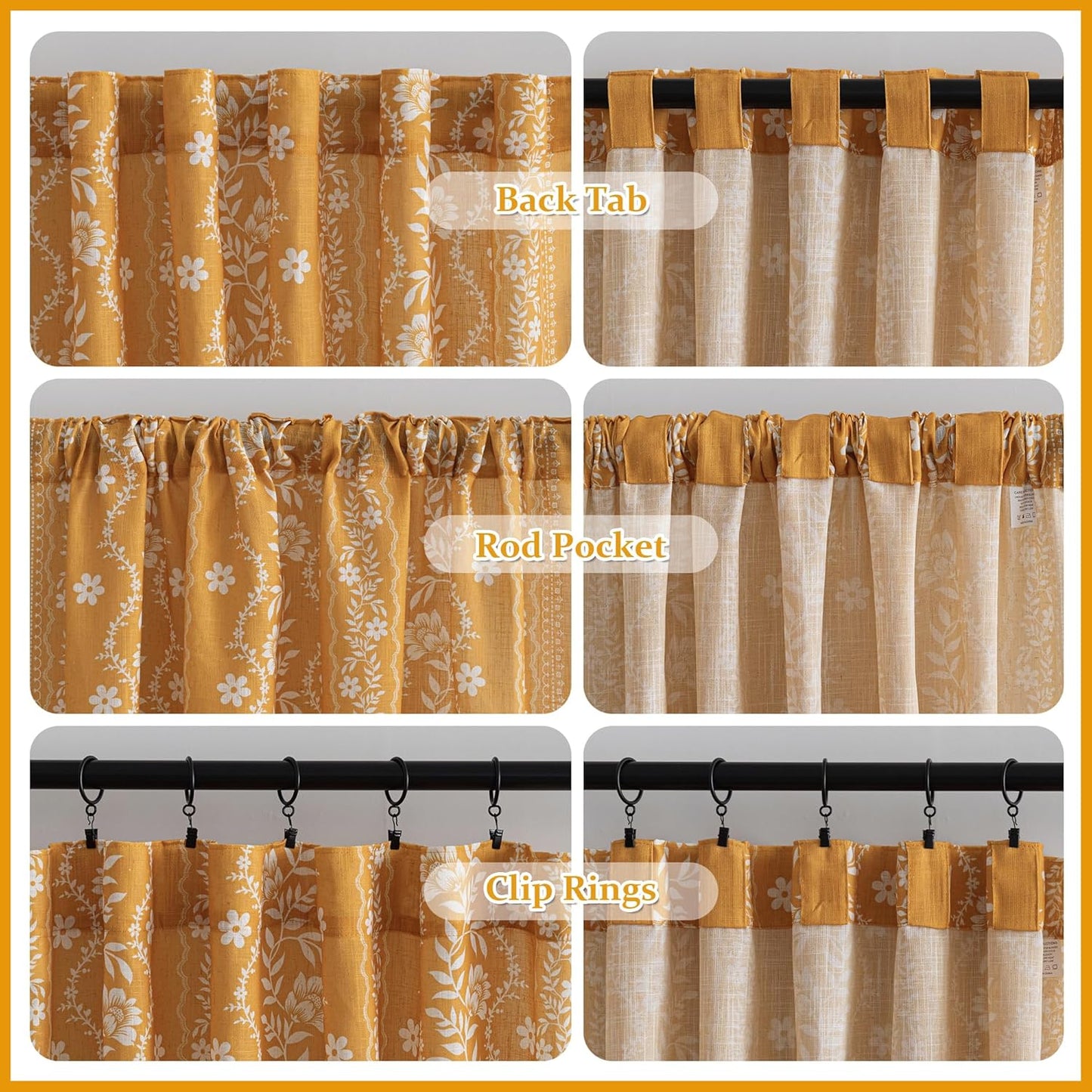 MYSKY HOME Boho Floral Curtains 84 inch Long 2 Panels Set Golden Mustard Yellow Farmhouse Curtains for Bedroom Living Room Light Filtering Semi Sheer Drapes with White Tassel Back Tab, 50" Wide