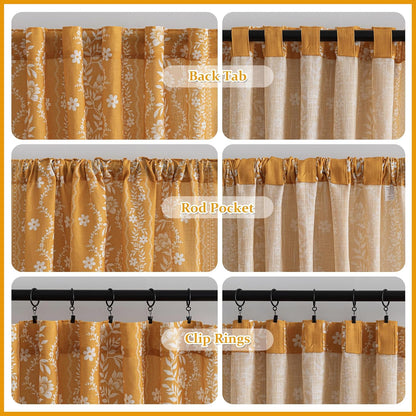 MYSKY HOME Boho Floral Curtains 84 inch Long 2 Panels Set Golden Mustard Yellow Farmhouse Curtains for Bedroom Living Room Light Filtering Semi Sheer Drapes with White Tassel Back Tab, 50" Wide
