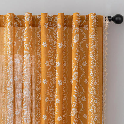 MYSKY HOME Boho Floral Curtains 84 inch Long 2 Panels Set Golden Mustard Yellow Farmhouse Curtains for Bedroom Living Room Light Filtering Semi Sheer Drapes with White Tassel Back Tab, 50" Wide