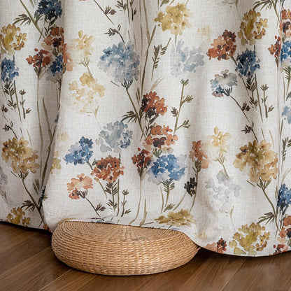 MYSKY HOME 100% Blackout Linen Floral Curtains 90 Inch Long 2 Panels Farmhouse Pattern Printed Double Layer Thermal Insulated Soundproof Drapes for Living/Dining Room, Yellow, 52" Wide Each Panel