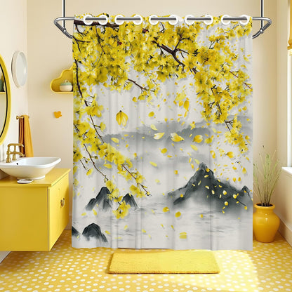Yellow Floral Hookless Shower Curtain with Snap in Liner Set, Mustard Gray Anime No Hook Shower Curtains for Bathroom Double Layer Ringless Liner with Magnets Waterproof Fabric, 71 x 74 Inch