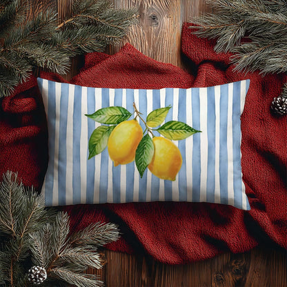 Blue and Yellow Summer Italian Mediterranean Amalfi Coast Lemon Pillow Cover Decor 12x20,Italian Striped Decorative Throw Pillow Cover Decor for Couch Double-Sided