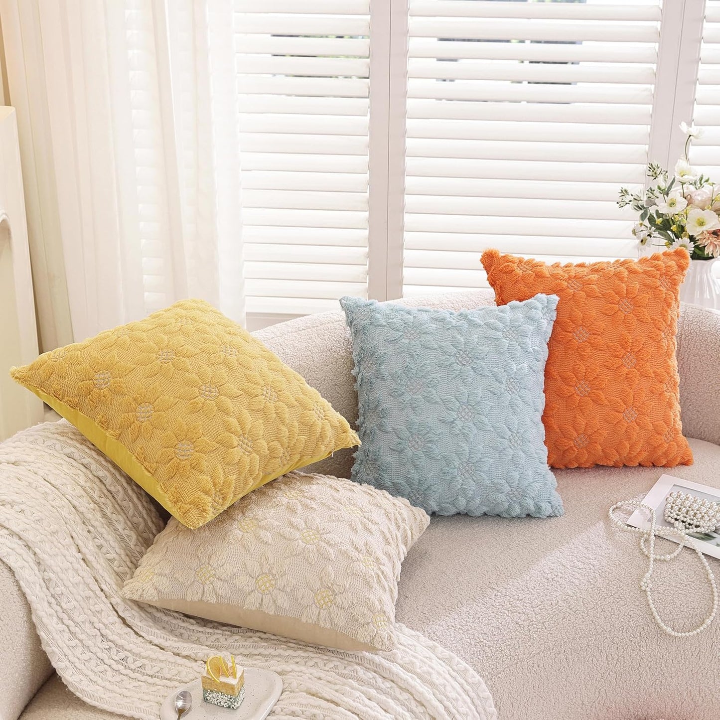 TAOSON Pack of 2, Spring Summer Farmhouse Mustard Yellow Flower Heart Sunflower Soft Plush Faux Fur Jacquard Throw Pillow Covers Soft Couch Pillowcases Cushion Covers for Living Room Bed Sofa 18 x 18