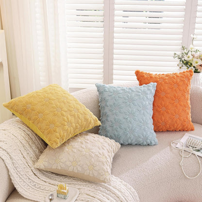 TAOSON Pack of 2, Spring Summer Farmhouse Mustard Yellow Flower Heart Sunflower Soft Plush Faux Fur Jacquard Throw Pillow Covers Soft Couch Pillowcases Cushion Covers for Living Room Bed Sofa 18 x 18