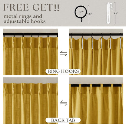 Mustard Yellow 90 Inch Linen Curtains Pinch Pleated for Living Room Bedroom Dining Boho Light Filtering Pinch Pleat Drapes Hooks Rings Back Tab Semi Sheer Gold Harvest Spring Window Curtains 2 Panels