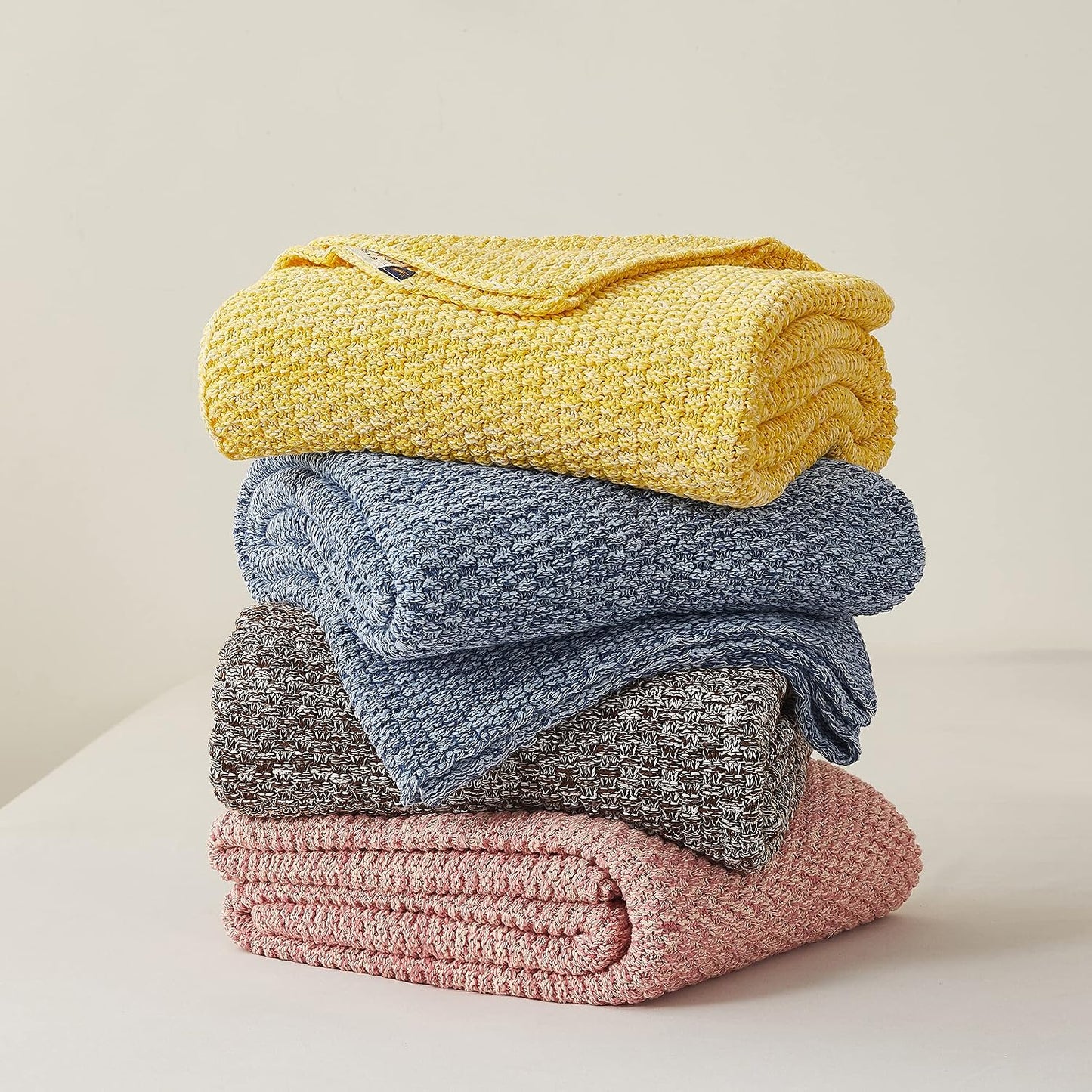 Longhui bedding 100% Cotton Knitted Throw Blanket – Yellow, Soft & Cozy, Machine Washable, 51"x63" – Perfect for Living Room, Couch, Sofa, Bed or Travel