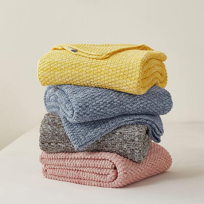 Longhui bedding 100% Cotton Knitted Throw Blanket – Yellow, Soft & Cozy, Machine Washable, 51"x63" – Perfect for Living Room, Couch, Sofa, Bed or Travel