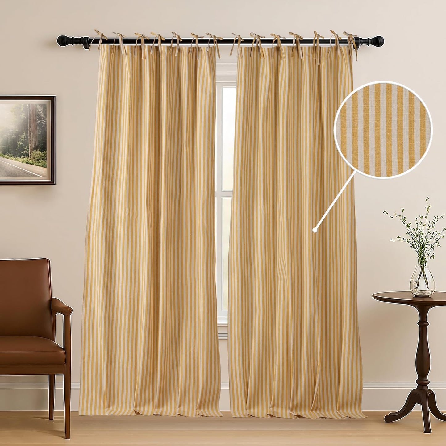 THE ART BOX Gauze Striped Curtains,Boho Linen Tie Top Hanging Curtains Light Filtering Door Window Treatment 2 Panel Curtain Drapes for Living Room Bedroom Yellow Stripes (72''x42'' Each Panel)