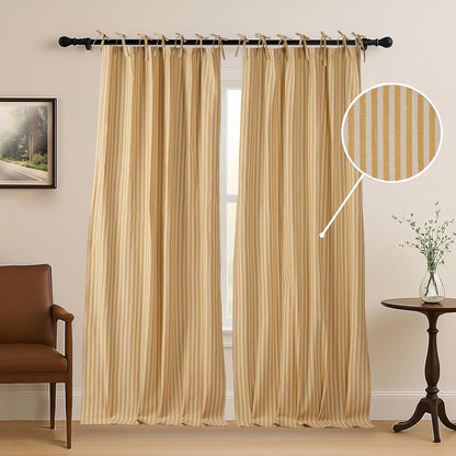 THE ART BOX Gauze Striped Curtains,Boho Linen Tie Top Hanging Curtains Light Filtering Door Window Treatment 2 Panel Curtain Drapes for Living Room Bedroom Yellow Stripes (72''x42'' Each Panel)