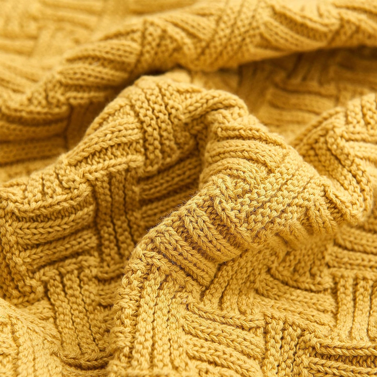 Cotton Mustard Yellow Knit Throw Blanket for Couch Sofa Beach Chair Bed Home Decorative Soft Warm Cozy Cable Lightweight Knitted Blankets,50 x 60 Inch, 2.2 Pounds
