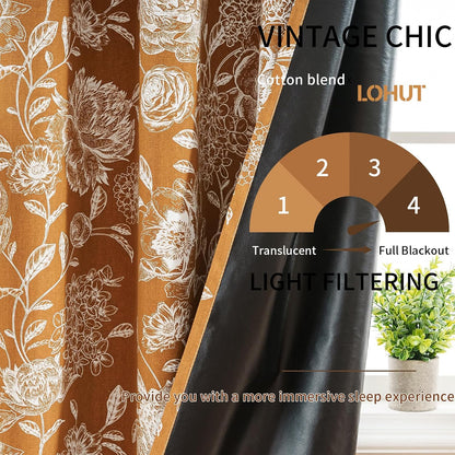 Floral Blackout Curtains 63 Inch Length 2 Panels, Vintage Peony Pattern Curtains for Bedroom Living Room, Light Blocking Thermal Curtains, Grommet Top, Mustard Yellow, 52 x 63