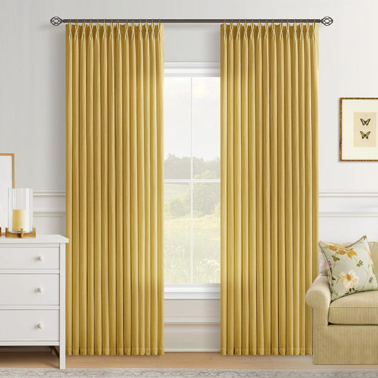 Mustard Yellow Linen Curtains Pinch Pleated 84 Inches Long 2 Panels for Living Room Dining Pinch Pleat Light Filtering Boho Retro Bedroom Window Curtain Spring Ochre Yellow Gold Autumn Fall Decor