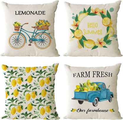 YeeJu Set of 4 Summer Throw Pillow Covers 18x18 Inch Summer Decorative Lemon Truck Biycle Farmhouse Pillowcase Square Cotton Linen Cushion Covers for Summer Home Décor (18 by 18)