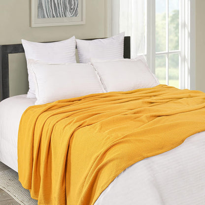 BOUTIQUO 100% Cotton Bed Blanket, Breathable Thermal Full - Queen Size, Soft Honeycomb Waffle Blanket 90'x90', Perfect for Layering Any Bed for All Season, Mustard Yellow