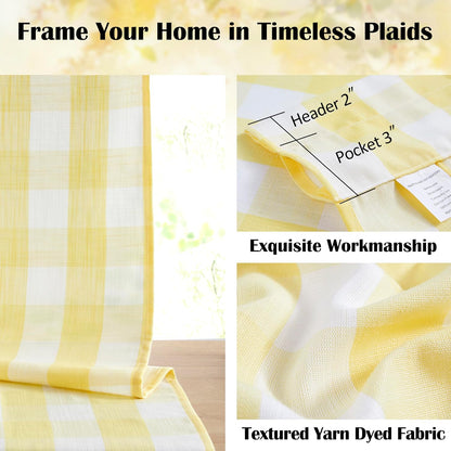 90 Inch Yellow White Buffalo Plaid Curtains,Rustic Plaid Semi Sheer Gingham Drapes,Farmhouse Window Treatment for Bedroom Living Room,Rod Pocket,Yellow/White,40" Wx90 L,2 Panels