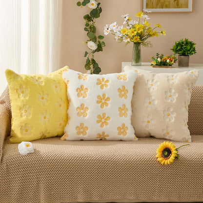 DFXSZ Spring Summer Pillow Covers 20x20 inch Set of 2 Farmhouse Decor Yellow Embroidery Daisy White Soft Plush Faux Fur Jacquard Throw Pillows for Sofa Holiday Spring Home Decor PTK081A20