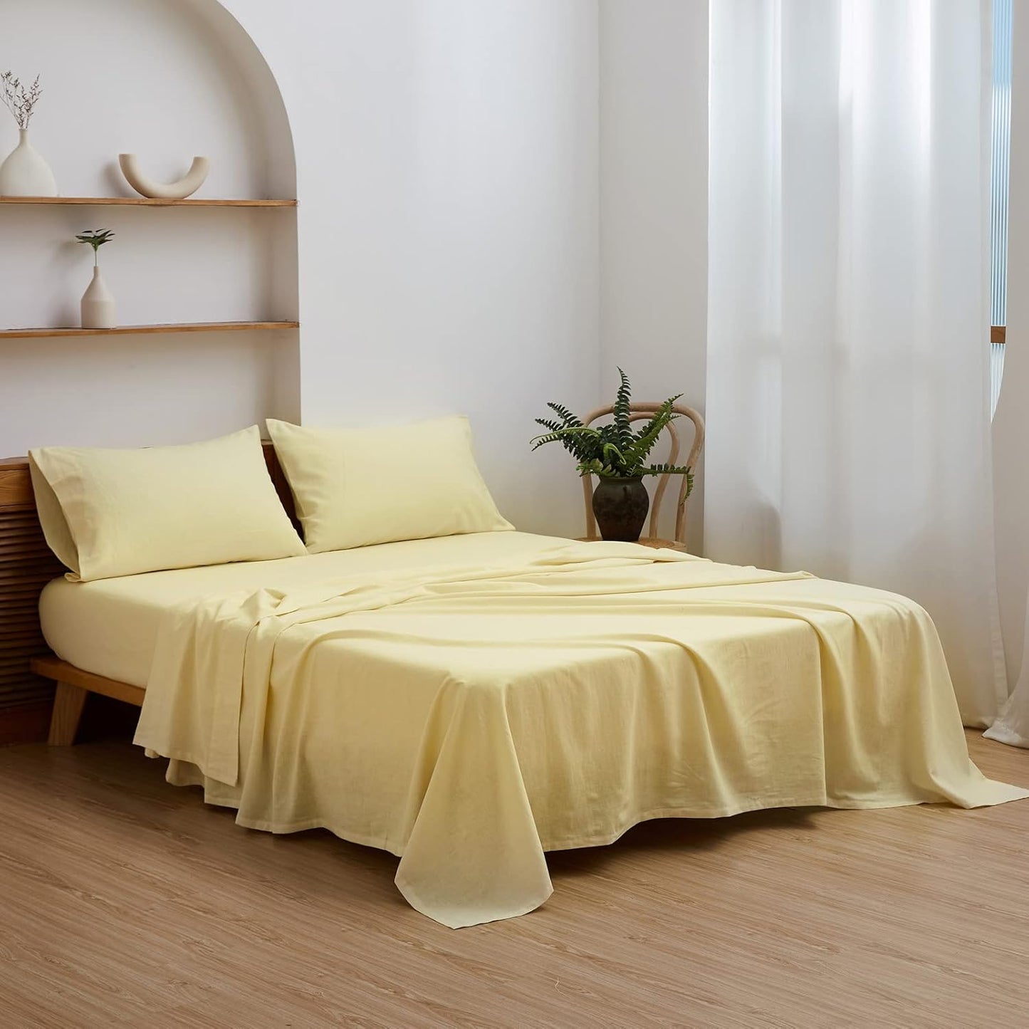 Belgian Linen Sheet Set Solid Color - 4 Pieces (1 Flat Sheet, 1 Fitted Sheet & 2 Pillowcases) Natural Flax Cotton Blend Soft Breathable Farmhouse Bedding - King Size, Pale Yellow