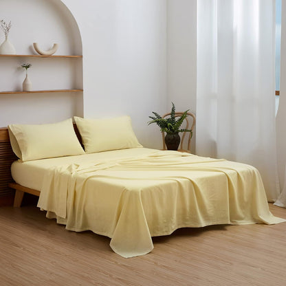 Belgian Linen Sheet Set Solid Color - 4 Pieces (1 Flat Sheet, 1 Fitted Sheet & 2 Pillowcases) Natural Flax Cotton Blend Soft Breathable Farmhouse Bedding - King Size, Pale Yellow