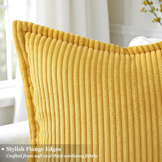 decorUhome Fall Corduroy Mustard Yellow Euro Sham Throw Pillow Covers 22x22 Set of 2 Decorative Soft Boho Farmhouse Couch Pillow Covers for Living Room Bed Sofa Broadside Striped Pillow Cases