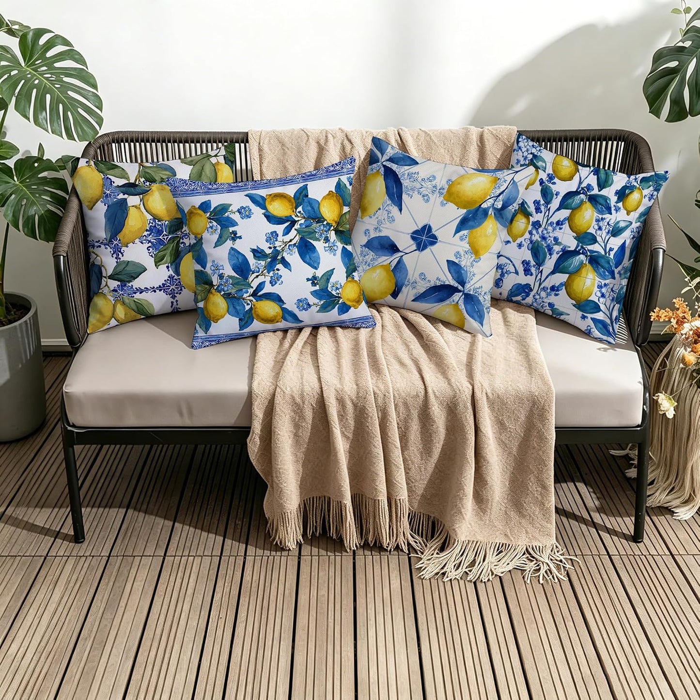 Fukeen Waterproof Lemon Pillow Covers 16x16 Inch Set of 4, Double-Sided Blue and Yellow Mediterranean Citrus Floral Cushion Covers with Italian Tile Pattern for Sofa Couch Patio Outdoor Decor
