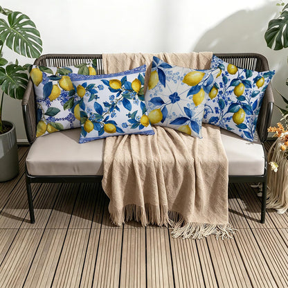 Fukeen Waterproof Lemon Pillow Covers 16x16 Inch Set of 4, Double-Sided Blue and Yellow Mediterranean Citrus Floral Cushion Covers with Italian Tile Pattern for Sofa Couch Patio Outdoor Decor