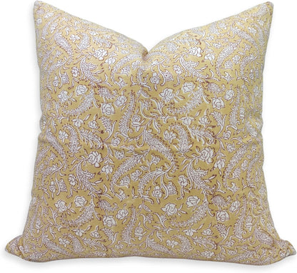 Thick Cotton White Fabric Handmade Block Print 14x20 Inch Throw Pillowcase Cushion Cover with Zipper Decorative for Sofa, Couch, Living Room, Bedroom (Black Forest-Light Yellow)