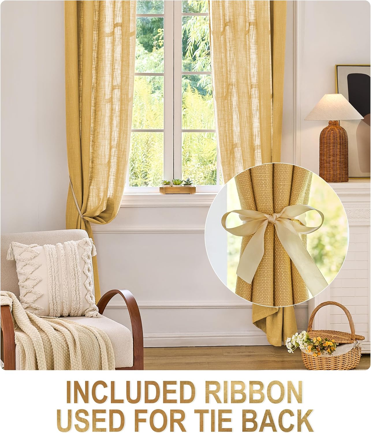 Mustard Yellow Linen Window Curtain Panels with Grommets 52 inches Width 84 inches Length Set of 2,Natural, DIY Home Decor Drapes for Multiple Rooms